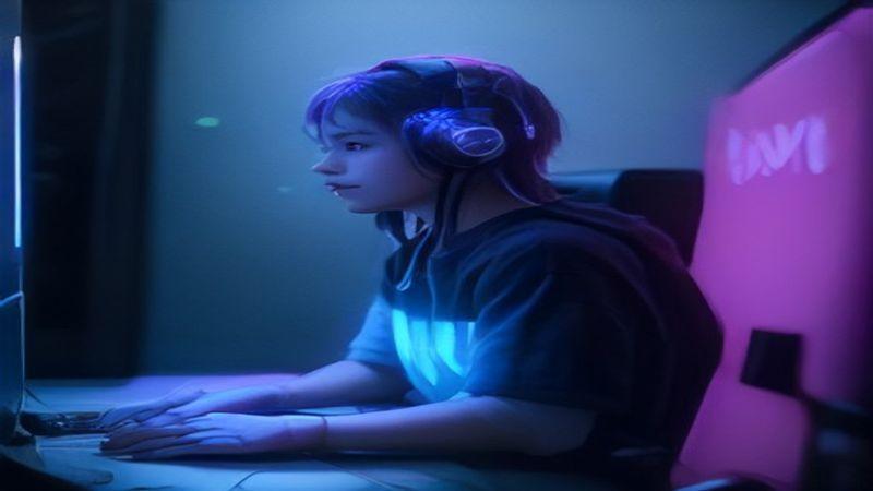 เกมเมอร์สวมหูฟังเล่นเกมในห้องแสงนีออนสีน้ำเงินชมพู